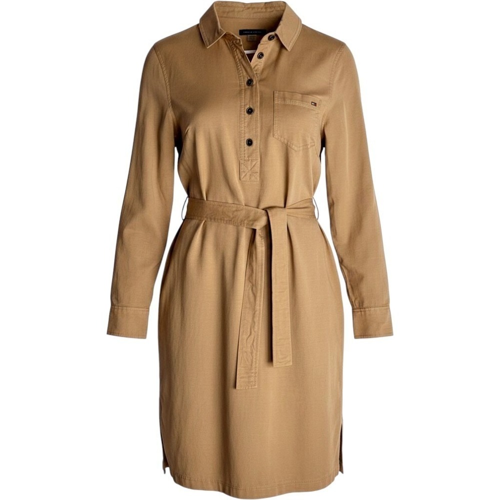 Tommy Hilfiger Salon Dress 4 S Utility Belted Safari Pocket Tie Waist Shirtdress